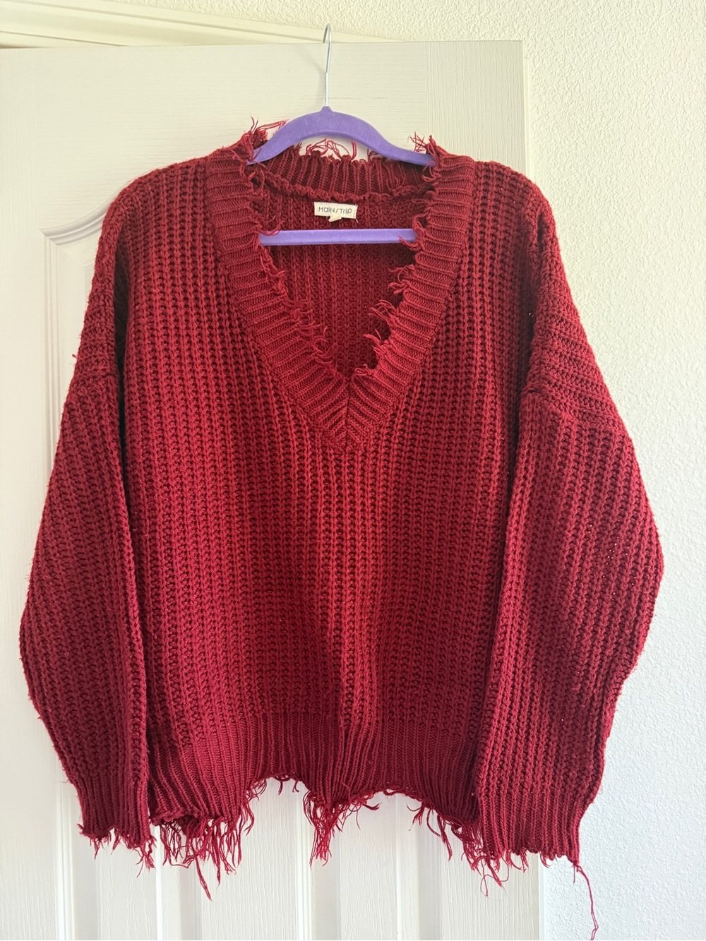 Main Strip Distressed V-Neck Sweater - Wine Red